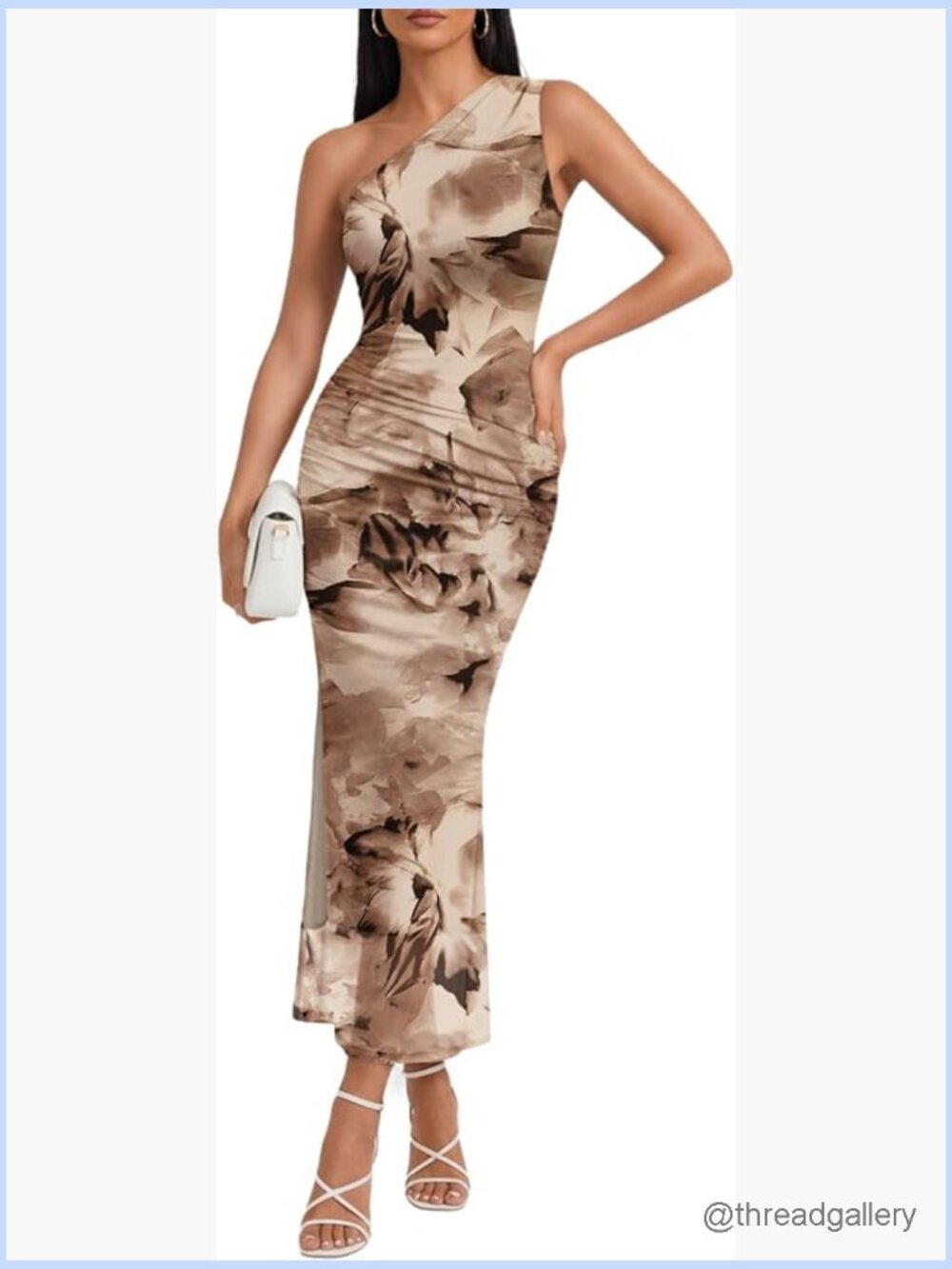 One Shoulder Maxi Bodycon Mesh Ruched Dress with Side Slit